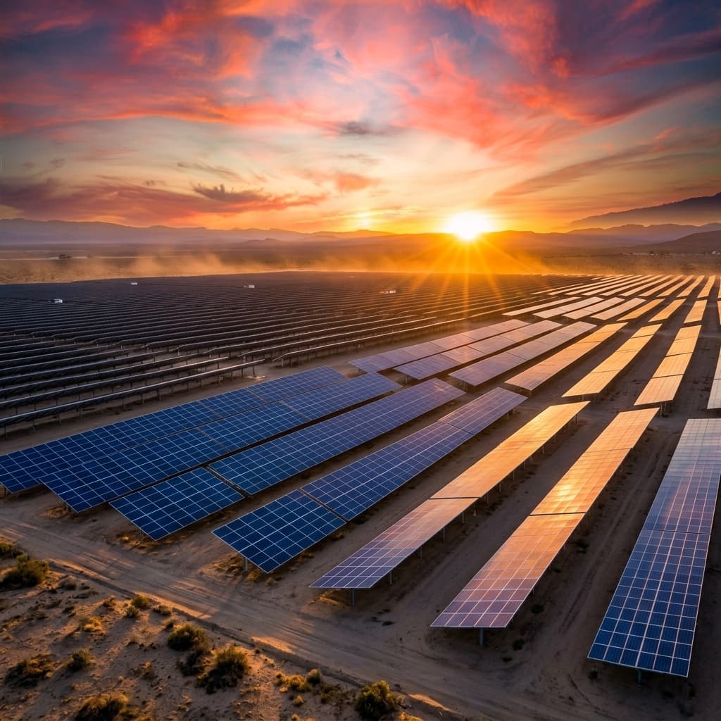 Full-screen cinematic solar farm at sunrise.